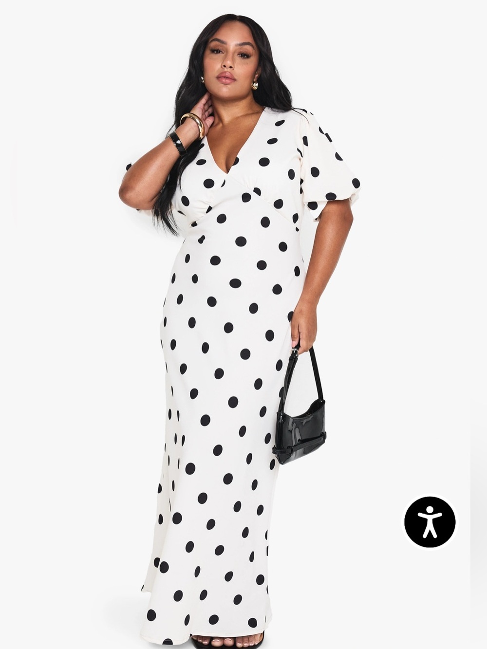 Boohoo White and Black Polka Dot V-Neck Puff Sleeve Maxi Dress Size 16